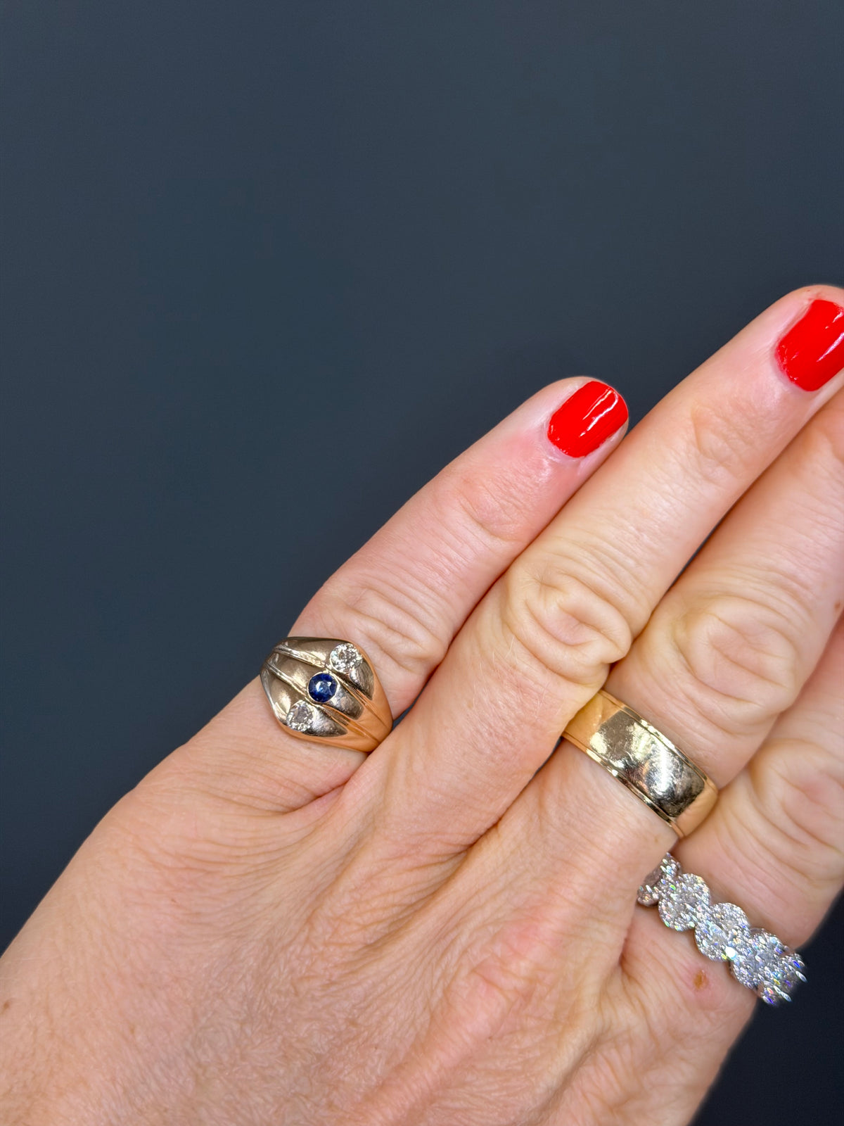 Vintage 3-Stone Natural Sapphire and Diamond Ring