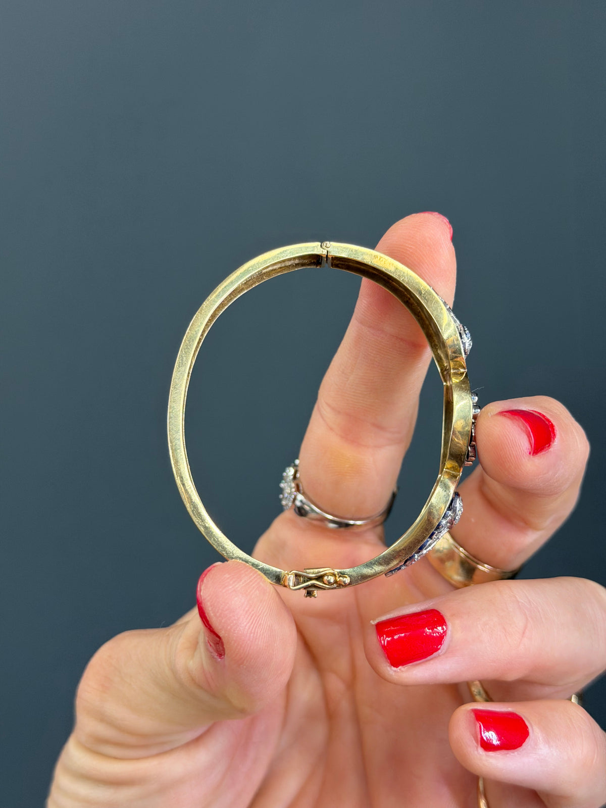 Vintage Natural Diamond and Blue Enamel Hinge Bangle 14k Yellow Gols