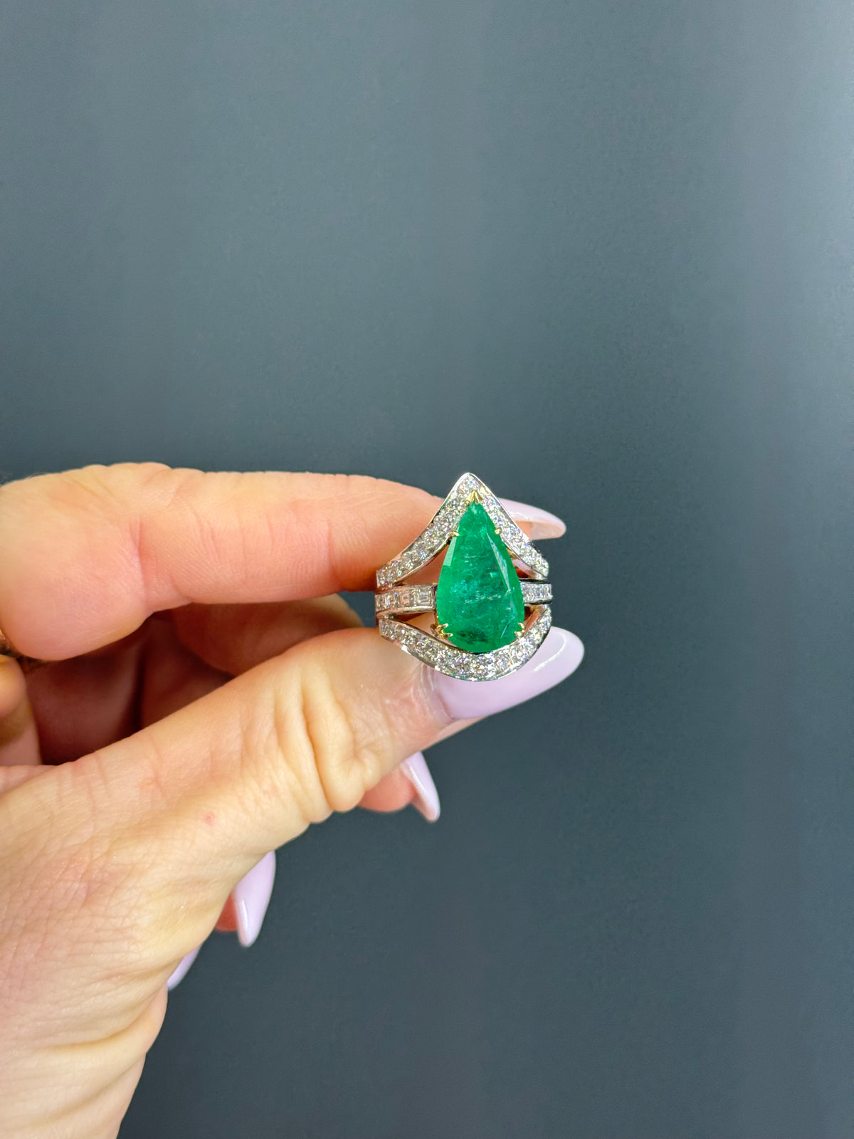 Estate Natural Pear-Cut 6.5 carat Emerald with 2 carats Natural Diamonds in 18k Yellow Gold