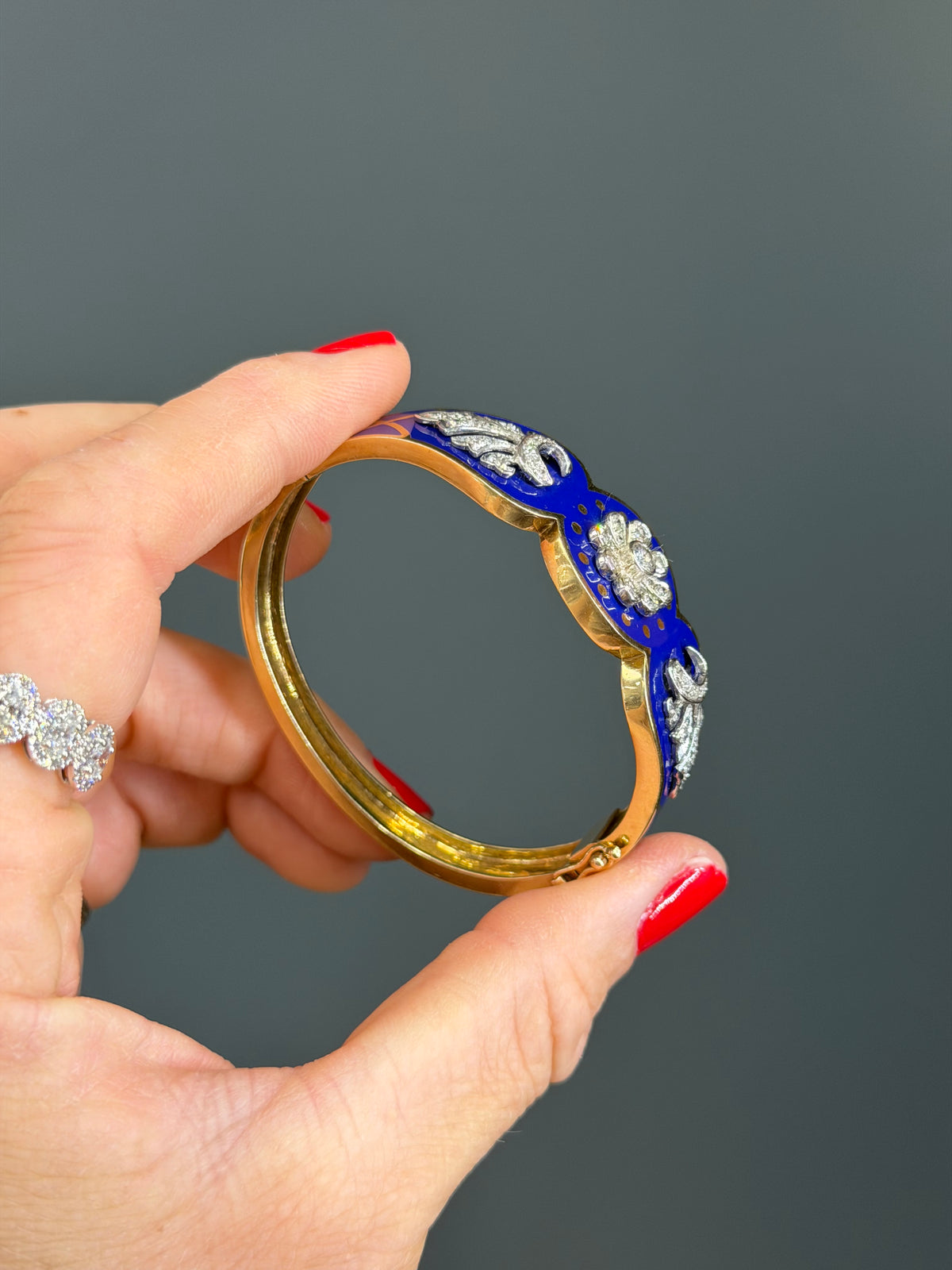 Vintage Natural Diamond and Blue Enamel Hinge Bangle 14k Yellow Gols