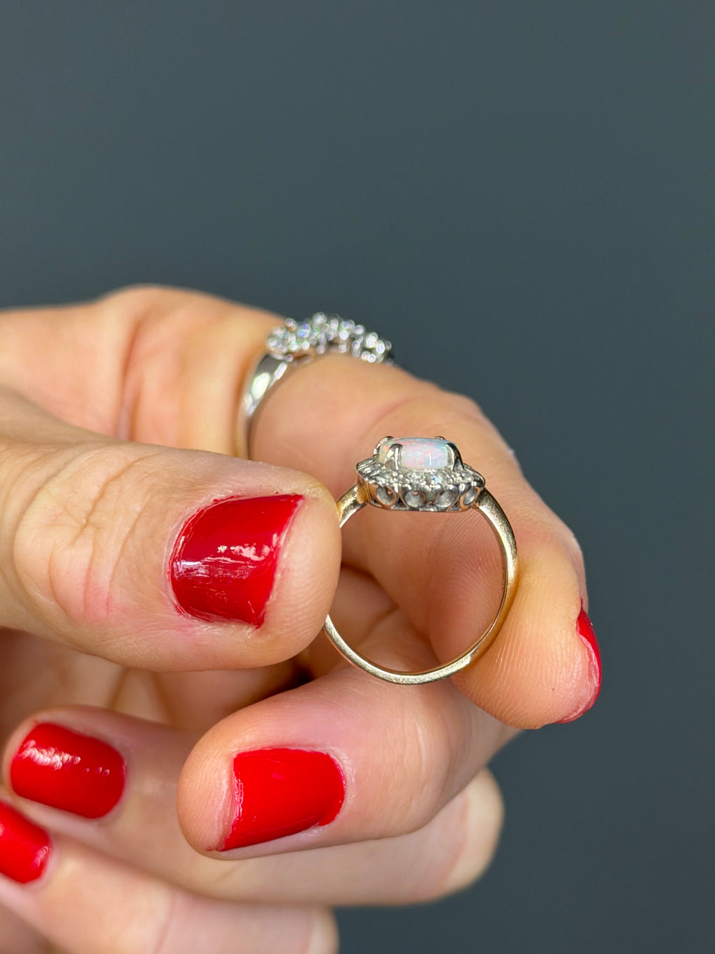 Vintage 14k Yellow Gold Natural Opal and Diamond Halo Ring