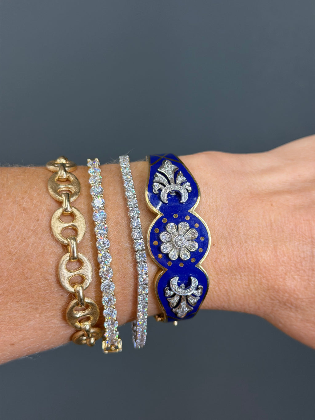 Vintage Natural Diamond and Blue Enamel Hinge Bangle 14k Yellow Gols