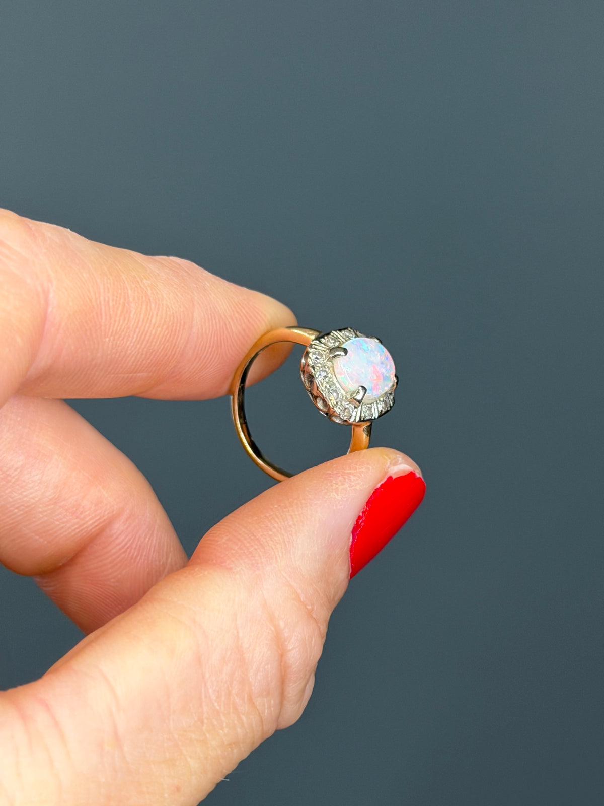 Vintage 14k Yellow Gold Natural Opal and Diamond Halo Ring