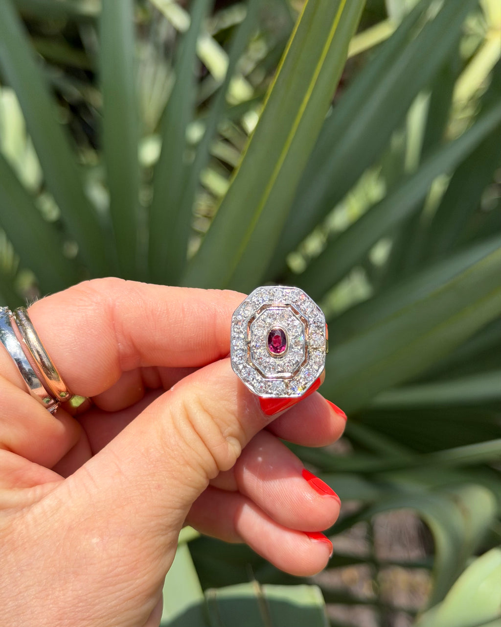 Art Deco Natural Diamond and Ruby Cabochon Target Ring