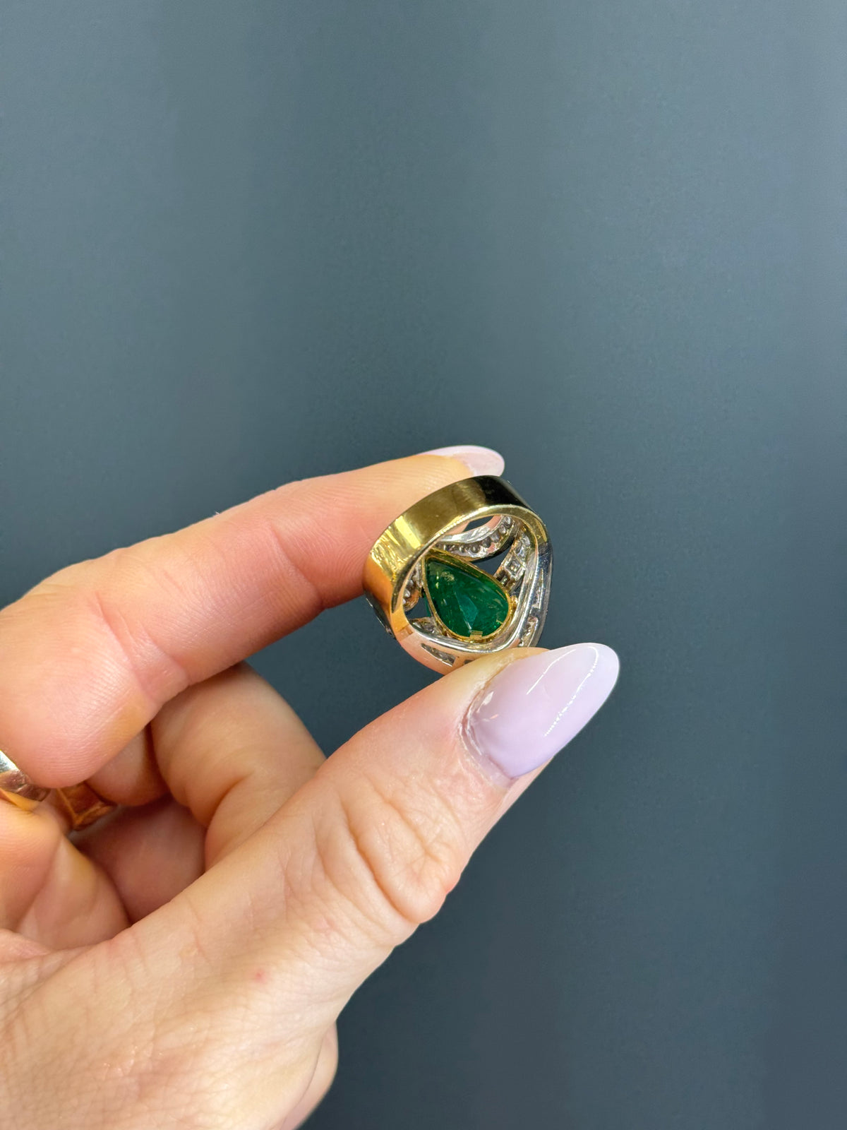 Estate Natural Pear-Cut 6.5 carat Emerald with 2 carats Natural Diamonds in 18k Yellow Gold