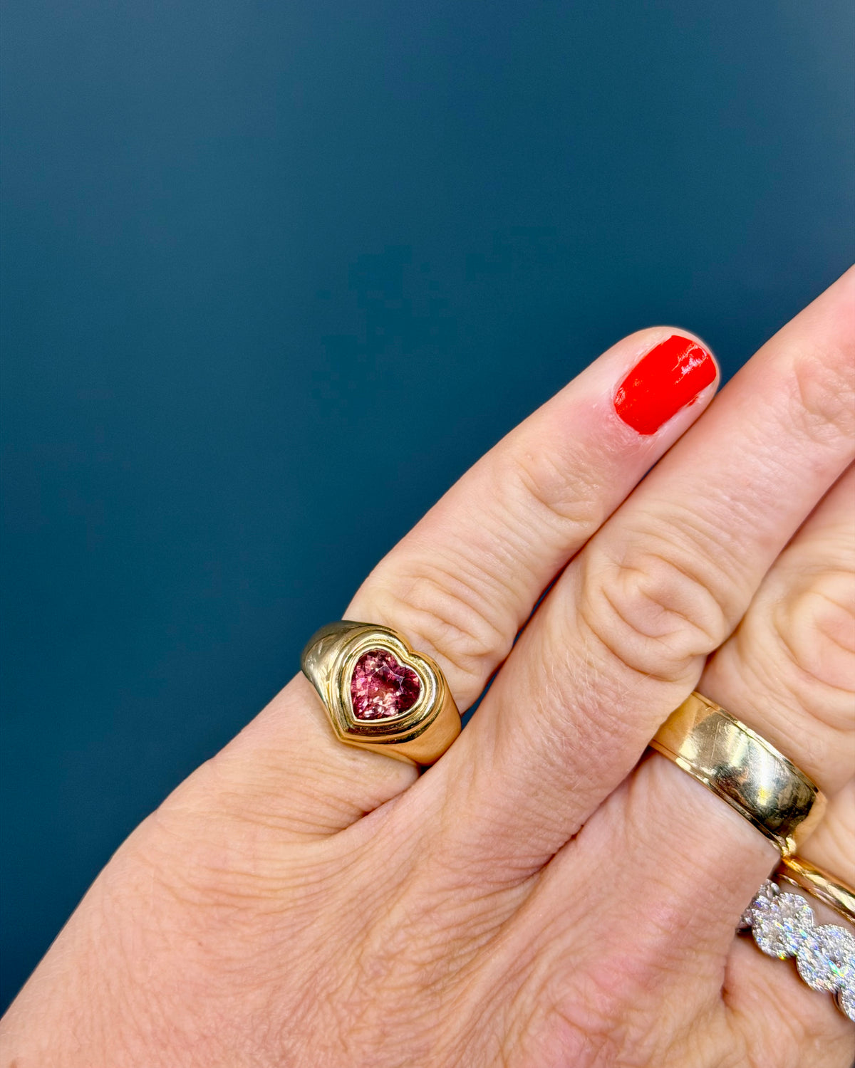 14k Yellow Gold & Pink Tourmaline Vintage Heart Signet Ring