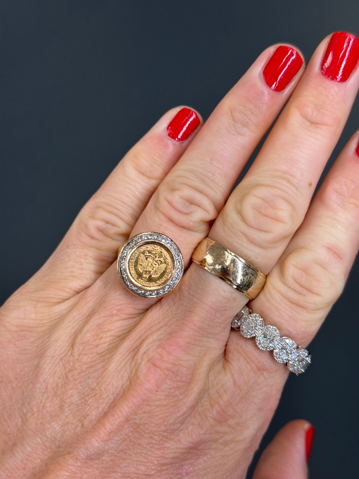 Dos Pesos 22k Coin Ring 14k Diamond Halo Bezel
