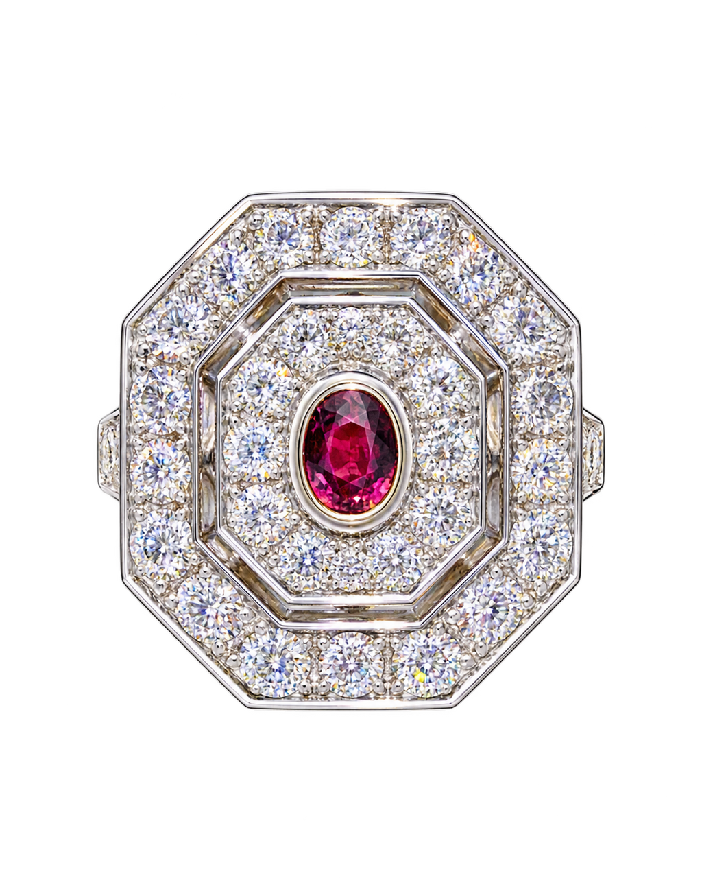 Art Deco Natural Diamond and Ruby Cabochon Target Ring