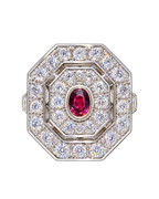 Art Deco Natural Diamond and Ruby Cabochon Target Ring