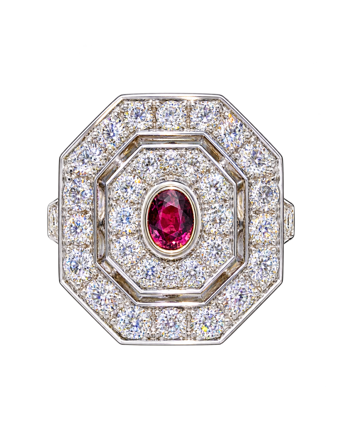 Art Deco Natural Diamond and Ruby Cabochon Target Ring