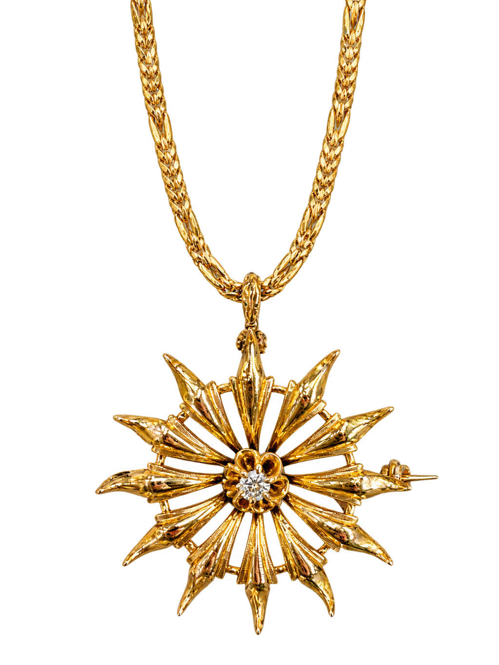 Antique 14k Yellow Gold Starburst Conversion Pendant with Old Mine Cut Diamond
