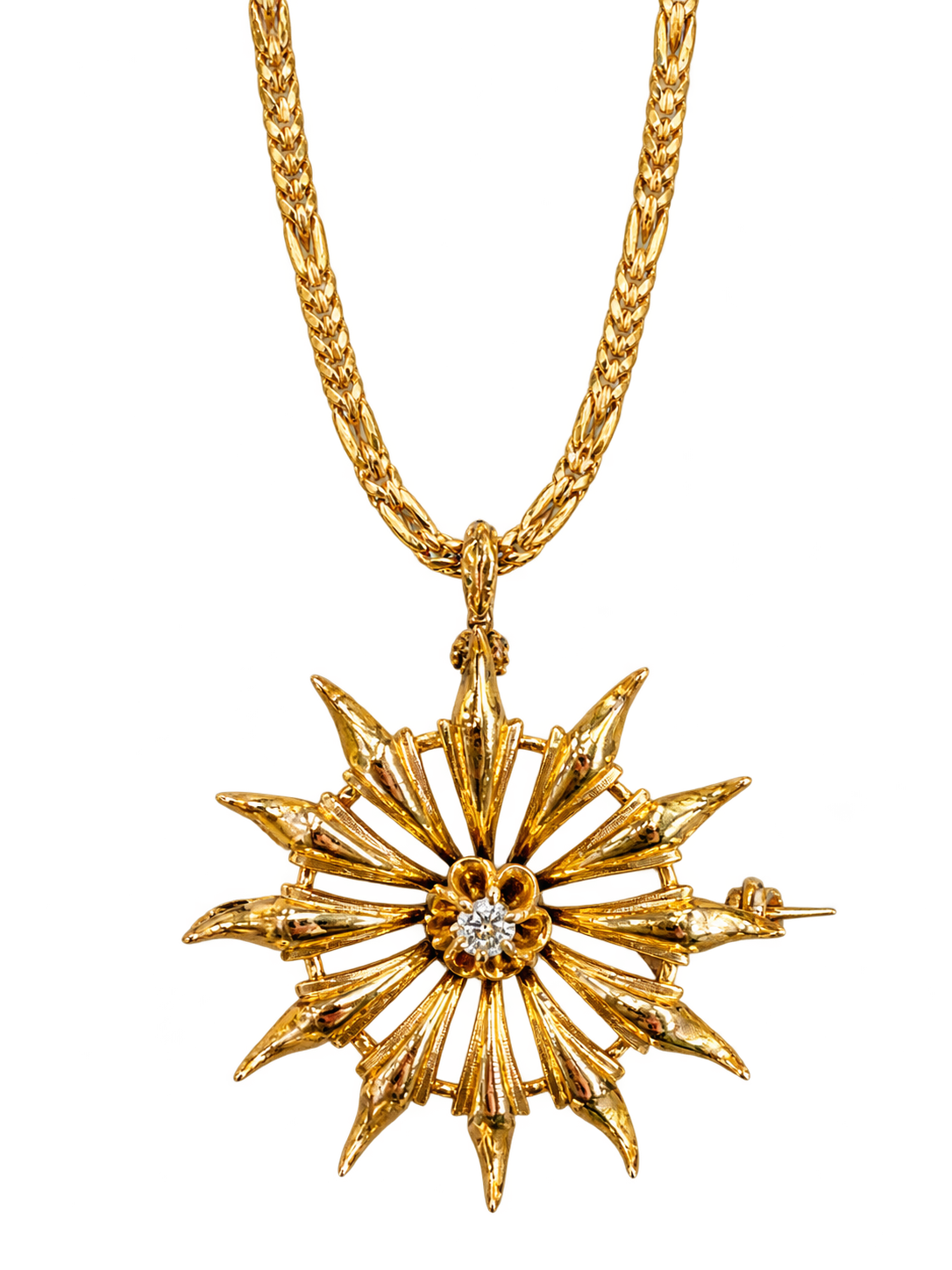 Antique 14k Yellow Gold Starburst Conversion Pendant with Old Mine Cut Diamond