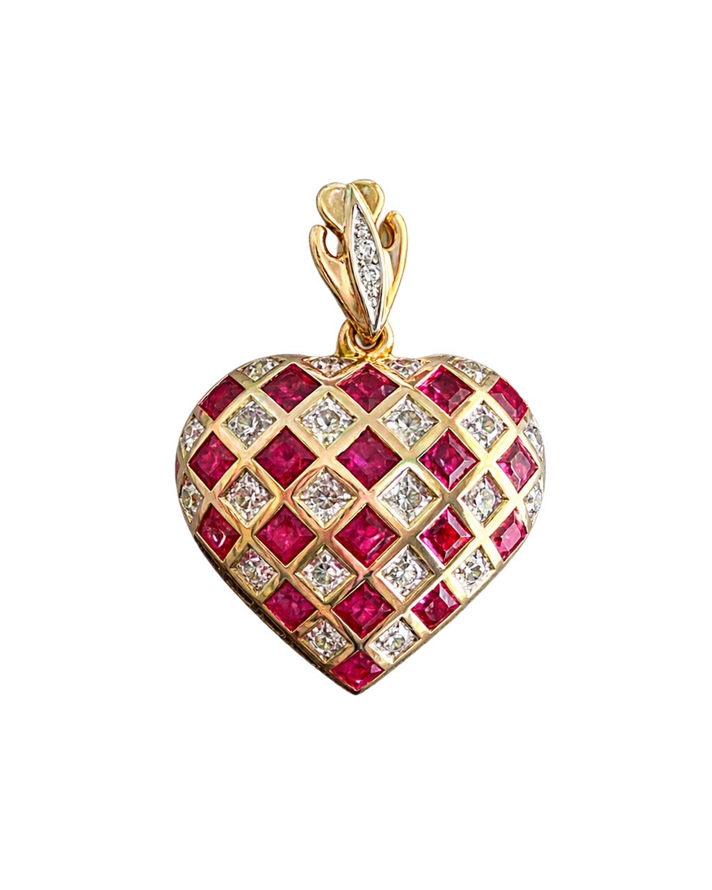 Vintage 14k Yellow Gold Puffed Heart Pendant w/ Natural Diamond & Ruby