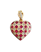 Vintage 14k Yellow Gold Puffed Heart Pendant w/ Natural Diamond & Ruby