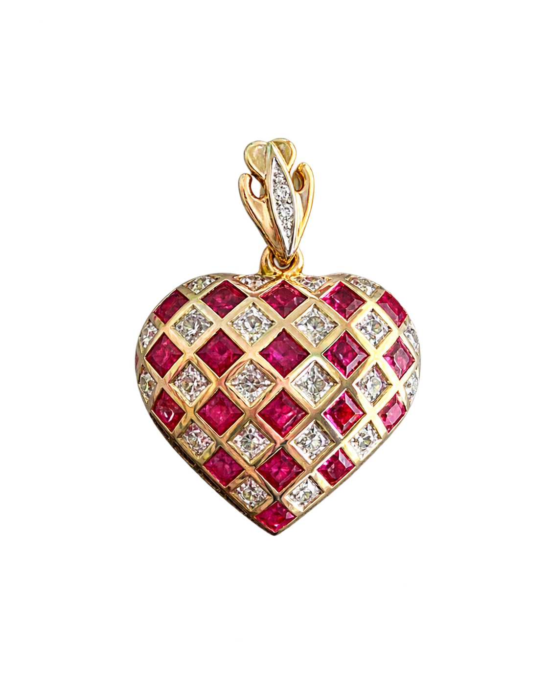 Vintage 14k Yellow Gold Puffed Heart Pendant w/ Natural Diamond & Ruby