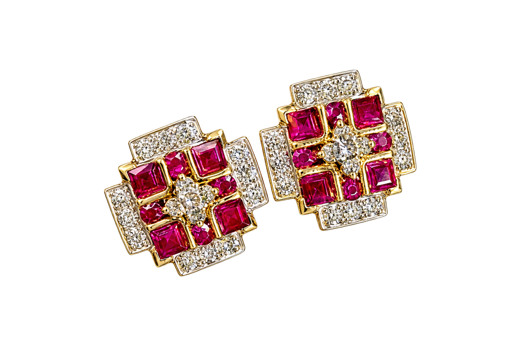 Original Vintage Natural Ruby and Diamond Geometric Earrings
