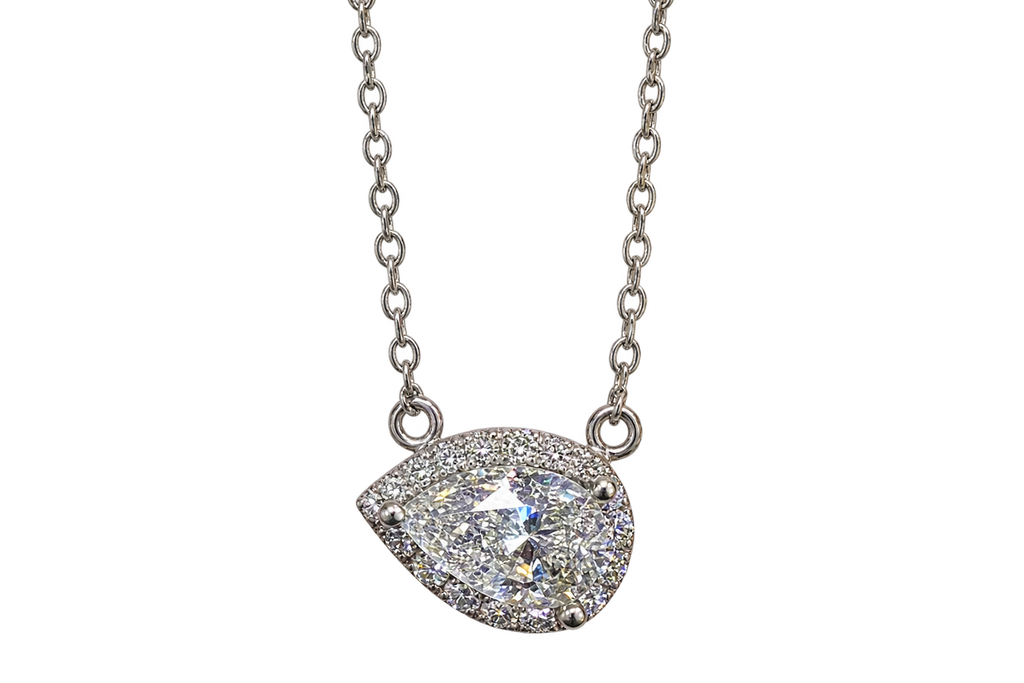 Natural Diamond Pear-Cut Halo Necklace 14k White Gold