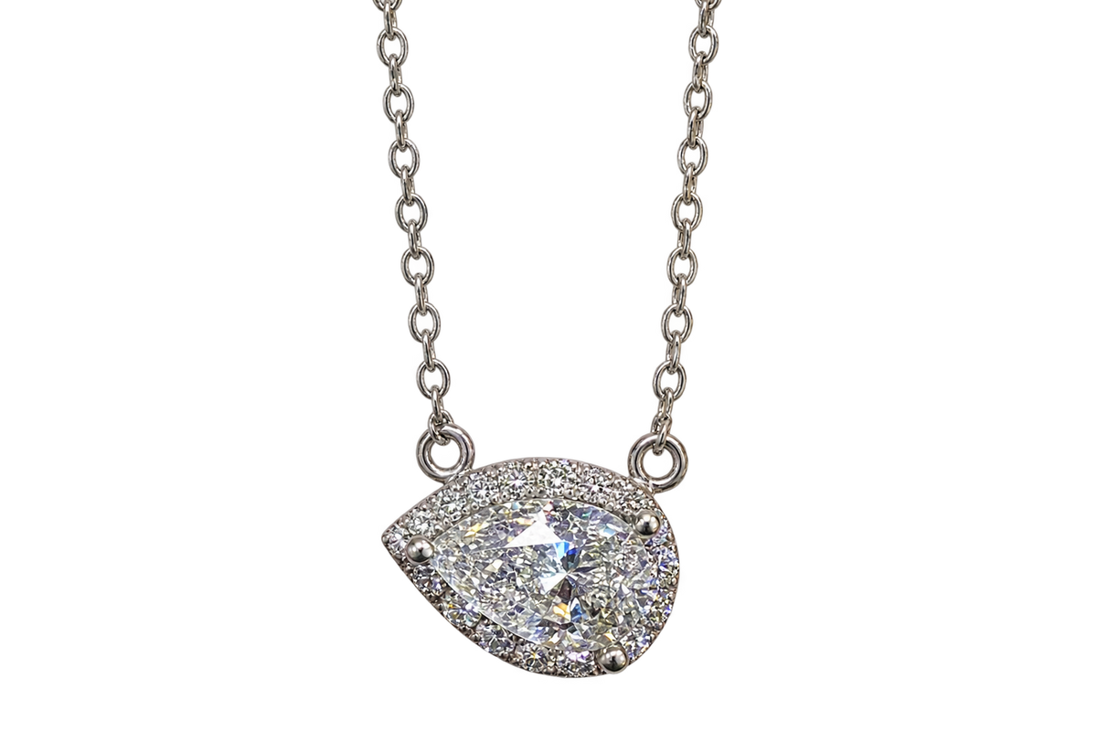 Natural Diamond Pear-Cut Halo Necklace 14k White Gold