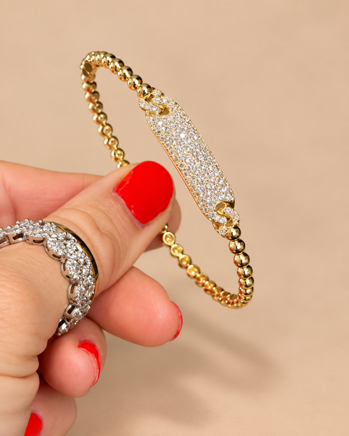 14k Yellow Gold Braided Bangle Natural Diamond Pave Bar