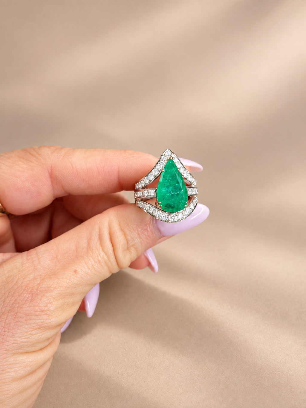 Estate Natural Pear-Cut 6.5 carat Emerald with 2 carats Natural Diamonds in 18k Yellow Gold