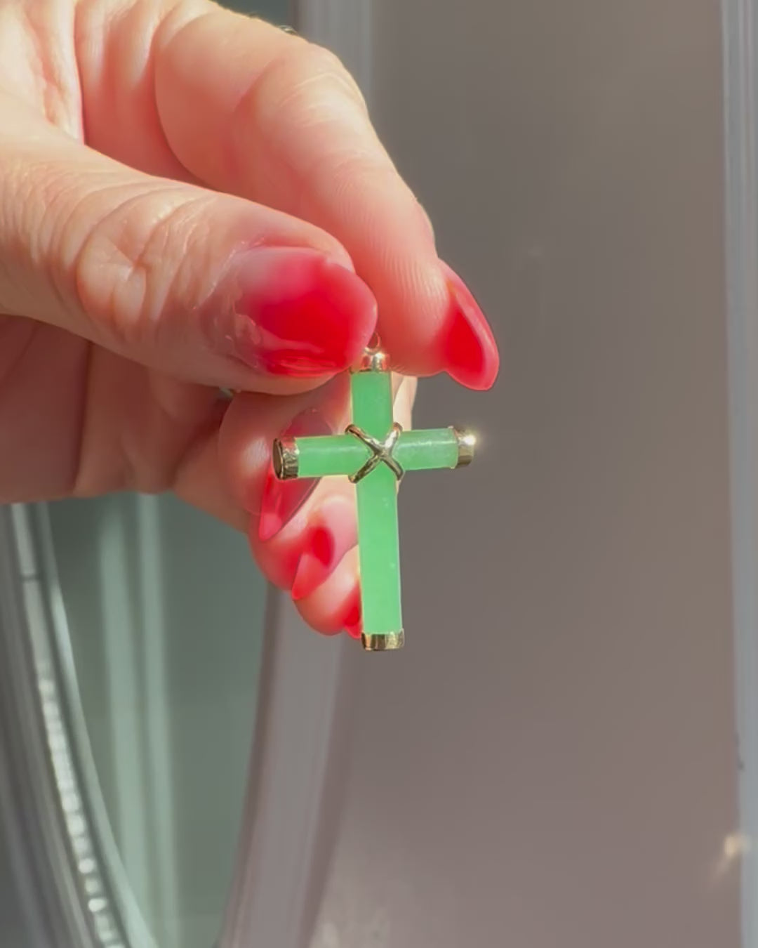 Estate 14k Yellow Gold & Jade Cross Charm